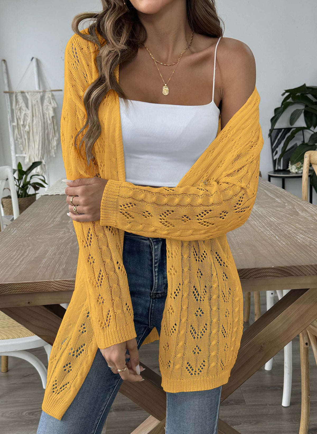 Pointelle Open Knit Longline Duster Cardigan - Yellow - 1