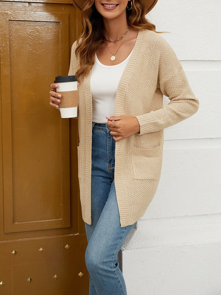 Waffle Knit Longline Pocket Cardigan - Apricot - 1