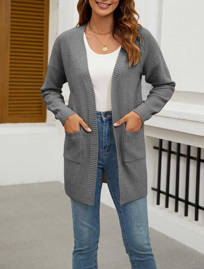 Waffle Knit Longline Pocket Cardigan - Grey - 2