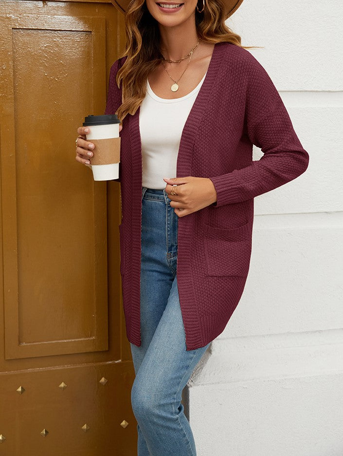 Waffle Knit Longline Pocket Cardigan - Winered - 1