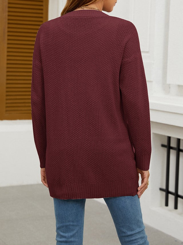 Waffle Knit Longline Pocket Cardigan - Winered - 2