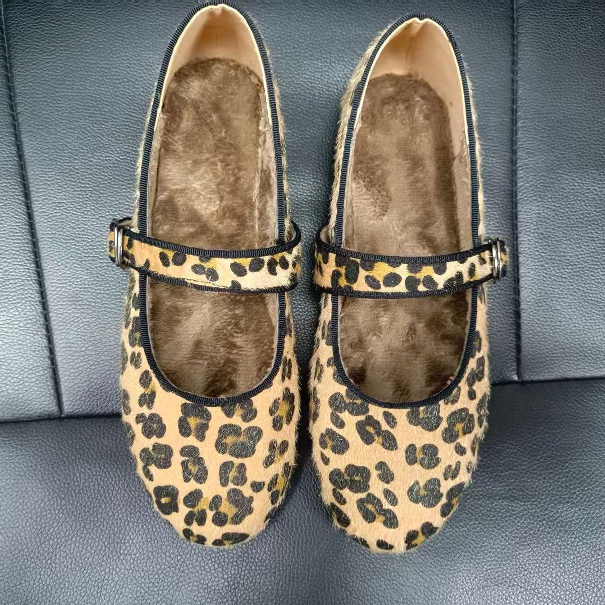 Leopard Print Mary Jane Ballet Flats - Leopard Fleece