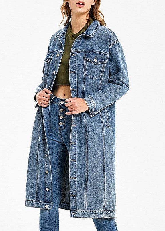 Longline Washed Denim Duster Jacket - blue