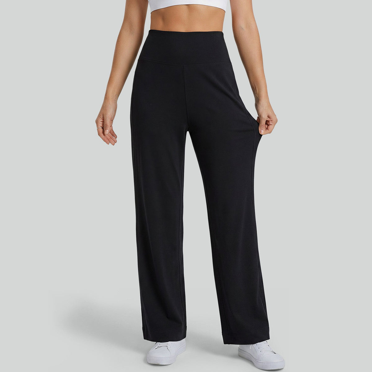 Lightweight High Waist Straight Leg Yoga Pants - Petite Black