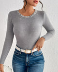 Pearl Trim Neckline Ribbed Knit Top - Grey