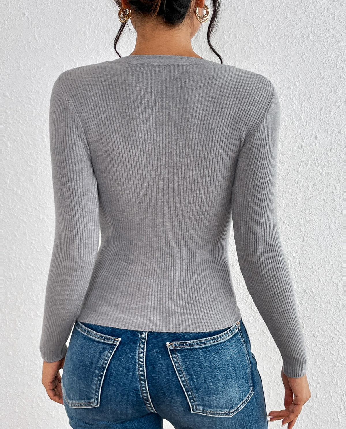 Pearl Trim Neckline Ribbed Knit Top - Grey - 2