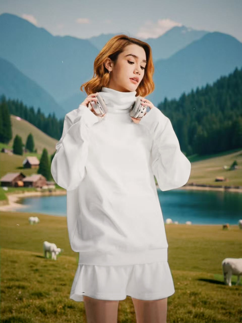 Oversized Funnel Neck Long Sleeve Top - White