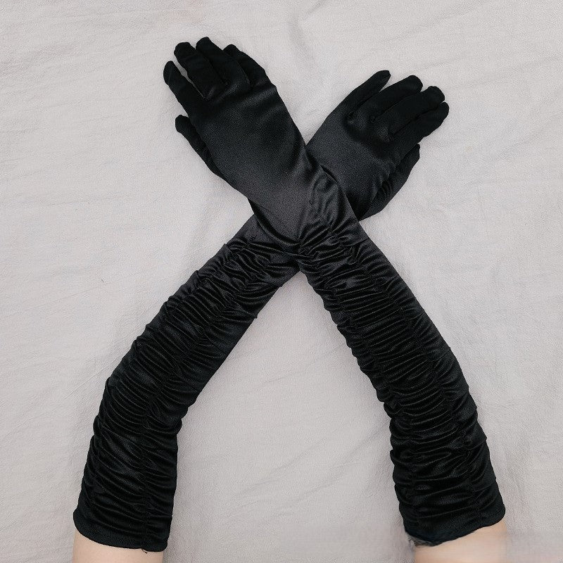 Ruched Satin Opera Length Gloves - Black
