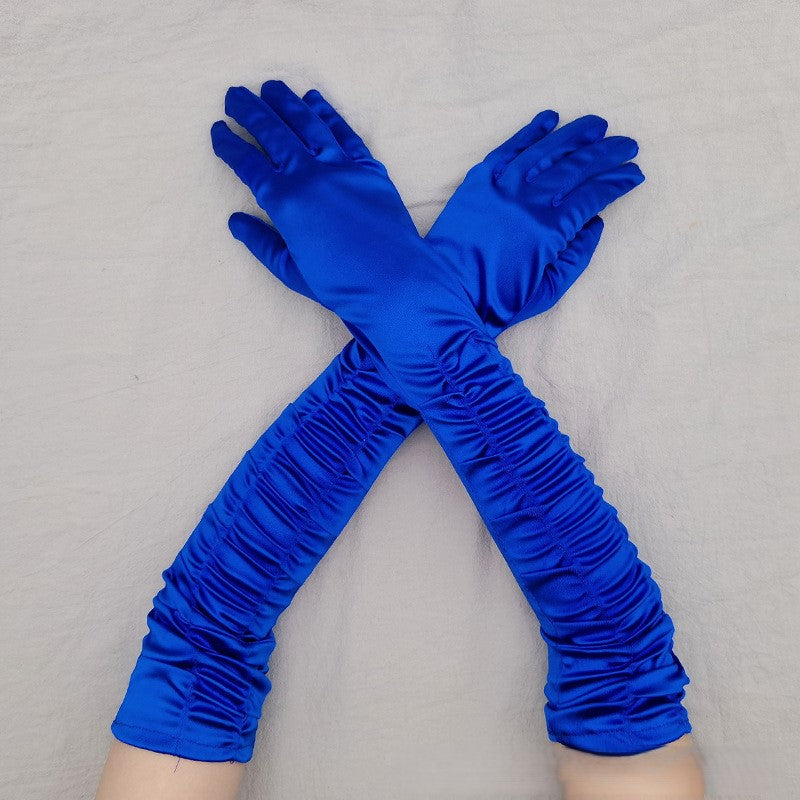 Ruched Satin Opera Length Gloves - Blue