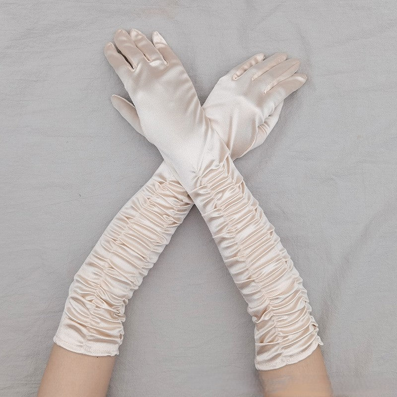 Ruched Satin Opera Length Gloves - Champagne