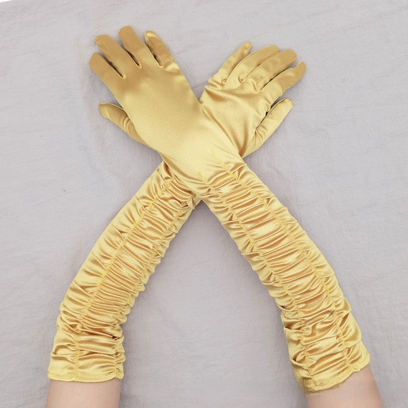 Ruched Satin Opera Length Gloves - Golden