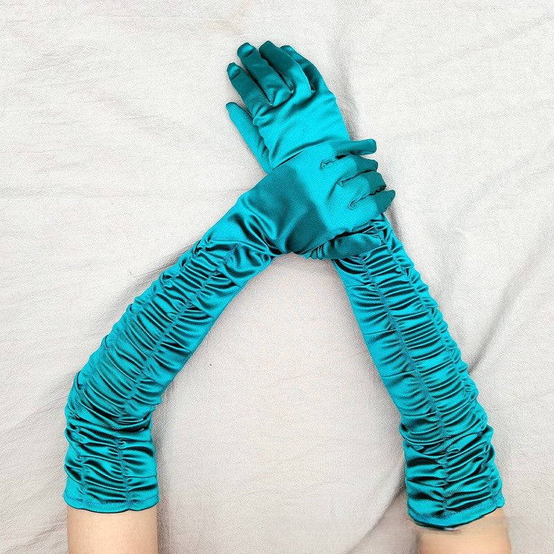 Ruched Satin Opera Length Gloves - Green