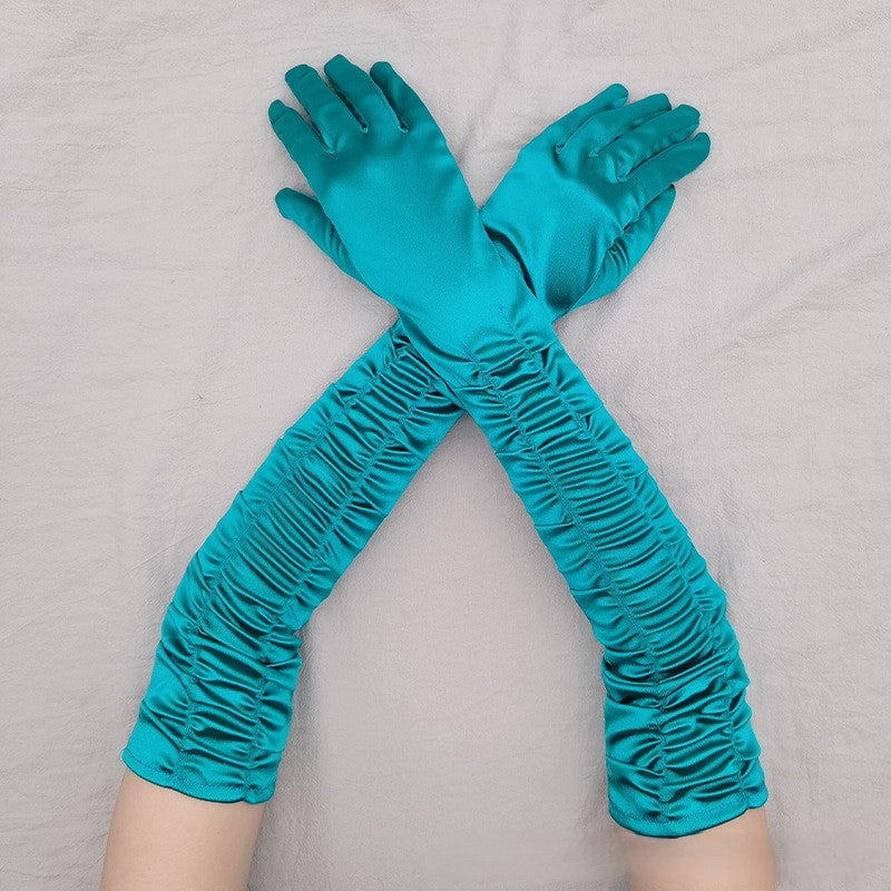 Ruched Satin Opera Length Gloves - Green - 1