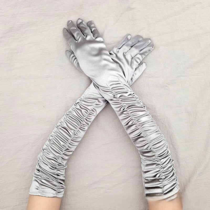 Ruched Satin Opera Length Gloves - Grey