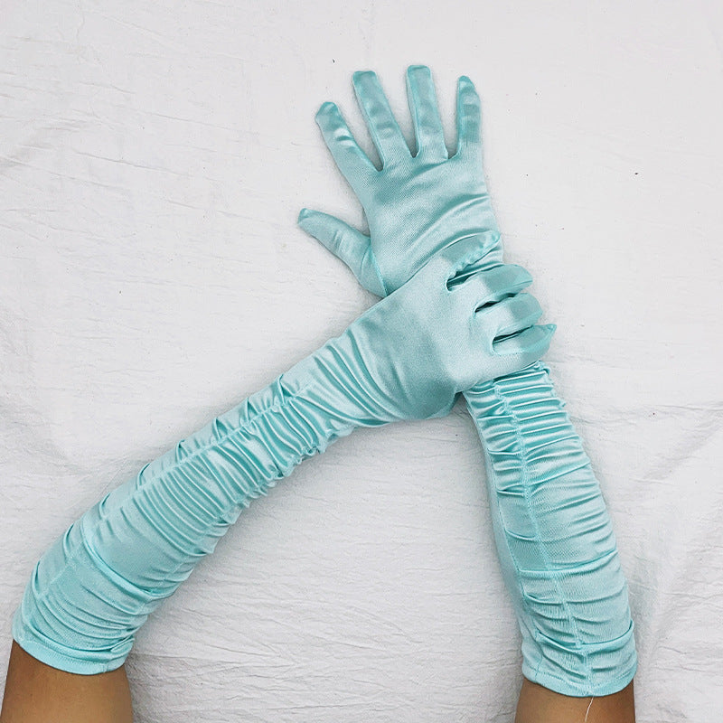 Ruched Satin Opera Length Gloves - LakeBlue