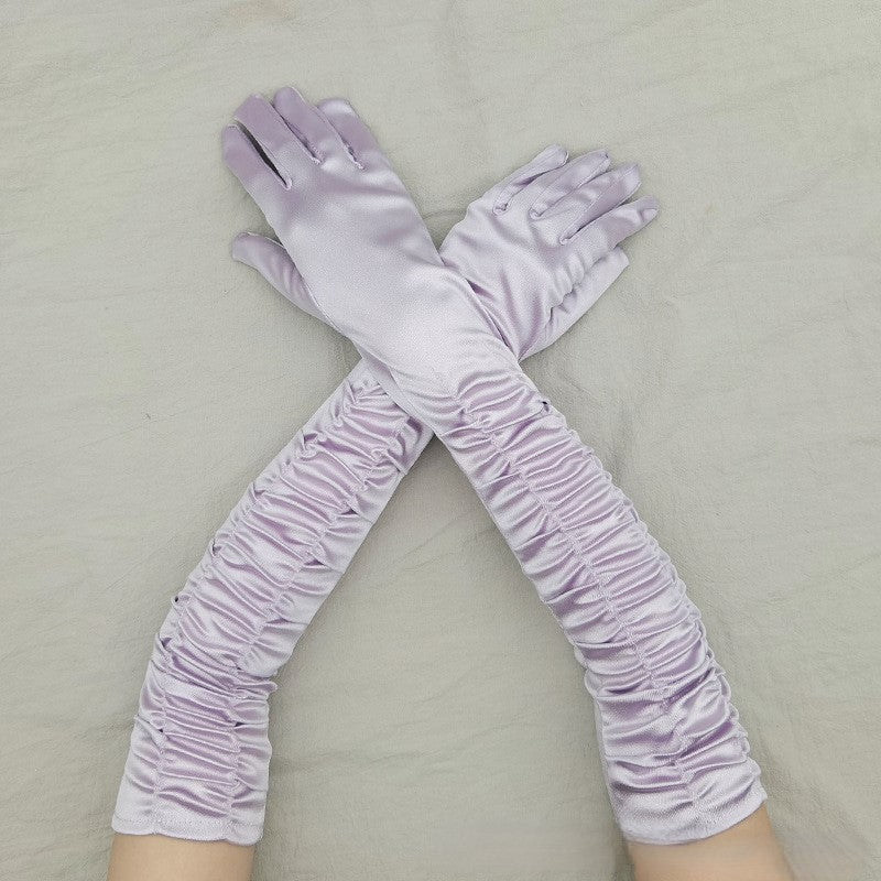 Ruched Satin Opera Length Gloves - LightPurple