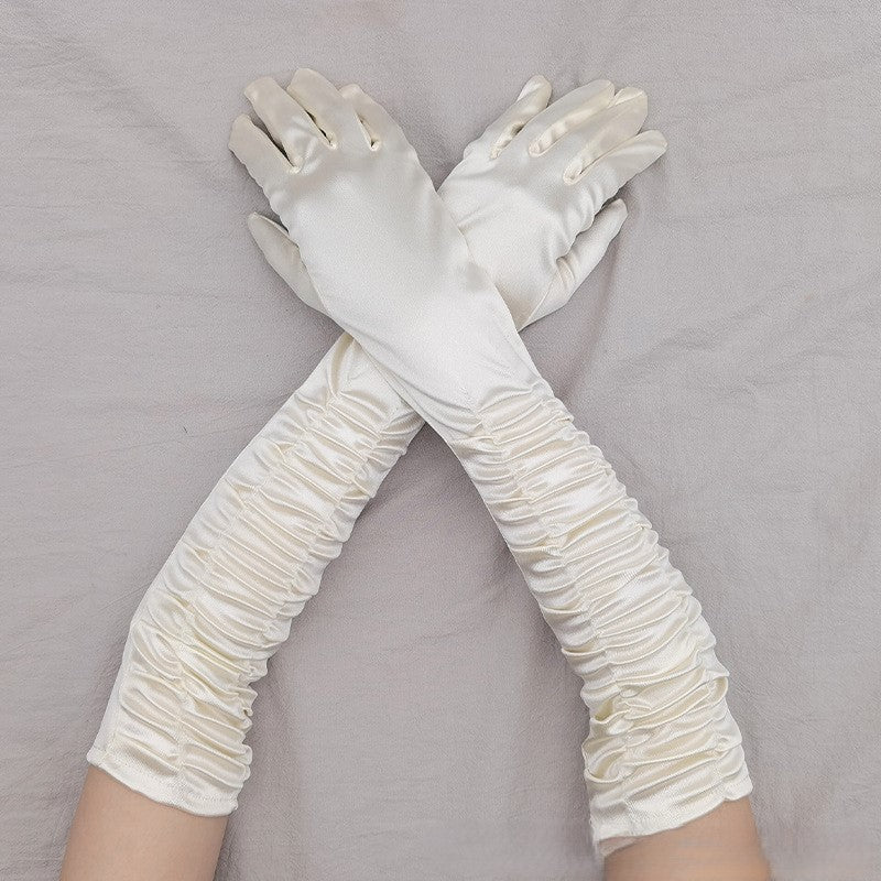 Ruched Satin Opera Length Gloves - OffWhite