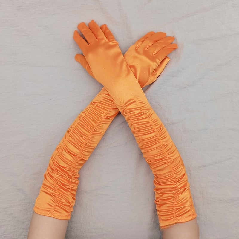 Ruched Satin Opera Length Gloves - Orange