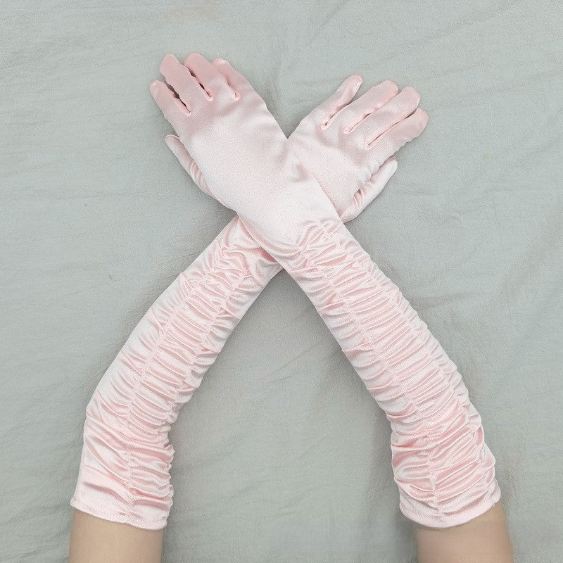 Ruched Satin Opera Length Gloves - Pink