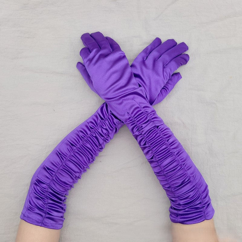 Ruched Satin Opera Length Gloves - Purple