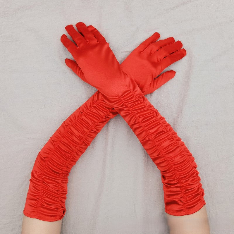 Ruched Satin Opera Length Gloves - Red