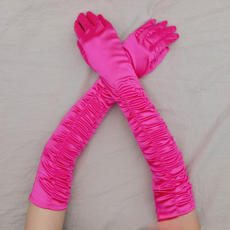 Ruched Satin Opera Length Gloves - RoseRed