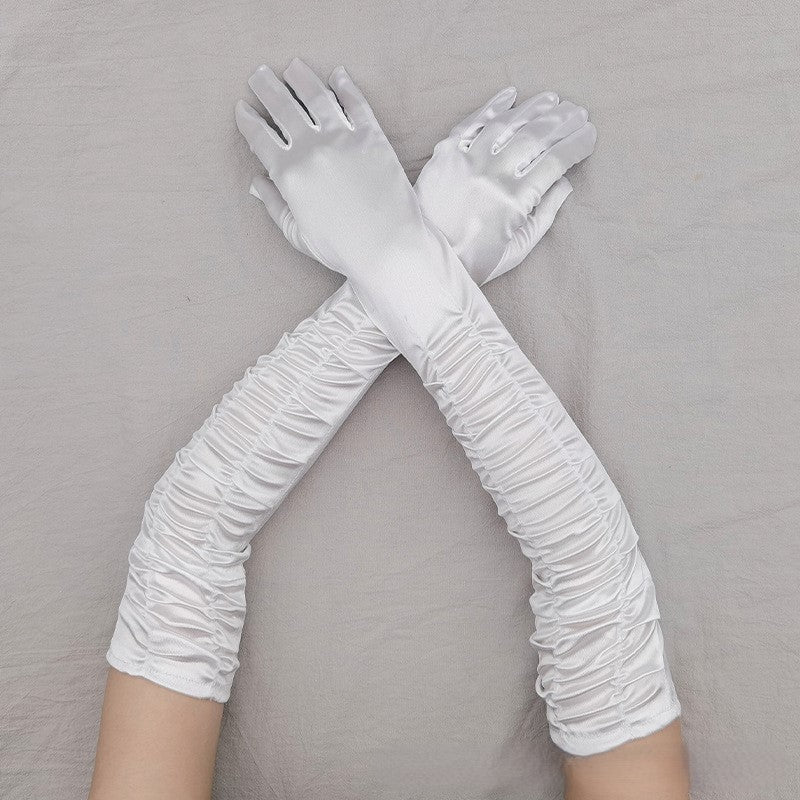 Ruched Satin Opera Length Gloves - White