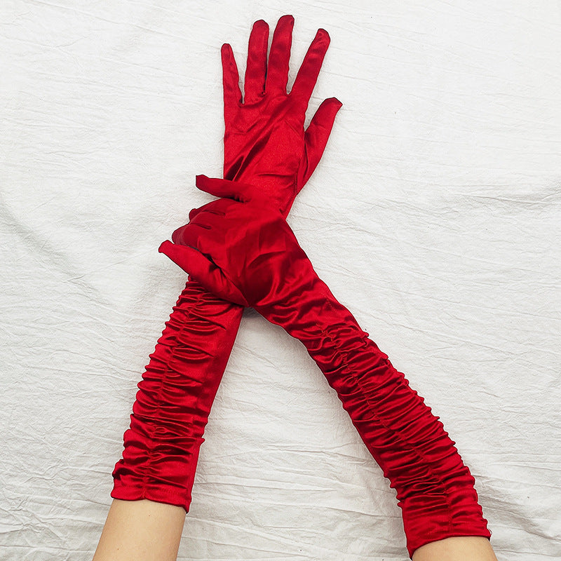 Ruched Satin Opera Length Gloves - WineRed