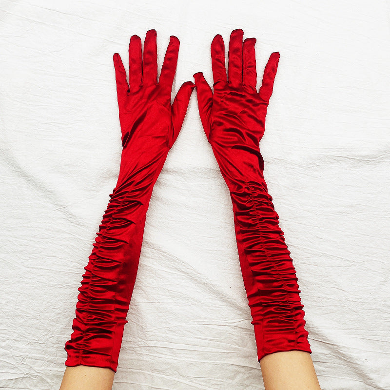 Ruched Satin Opera Length Gloves - WineRed - 1