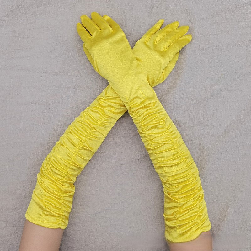 Ruched Satin Opera Length Gloves - Yellow