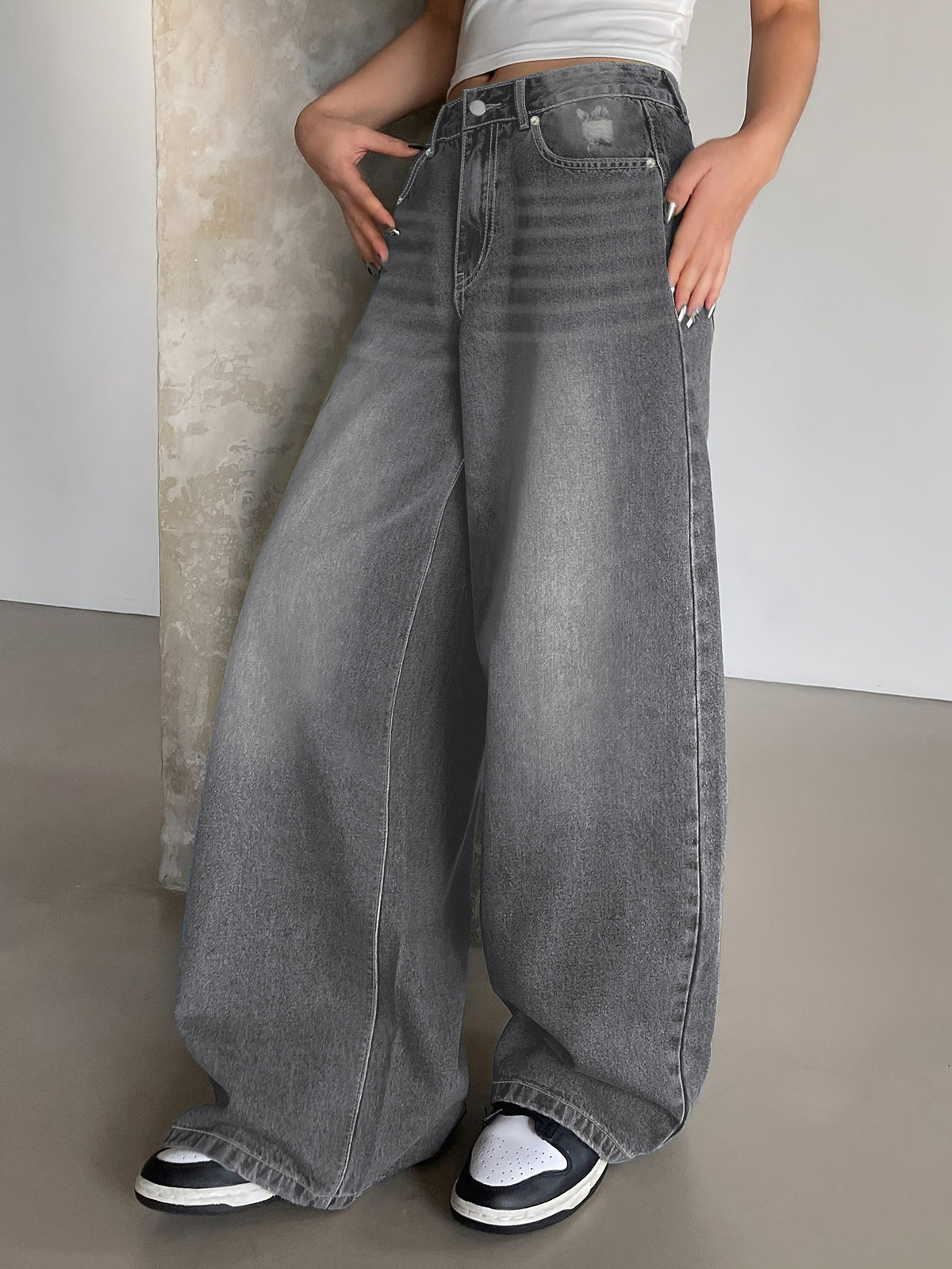 High Waist Baggy Wide Leg Jeans - Grey