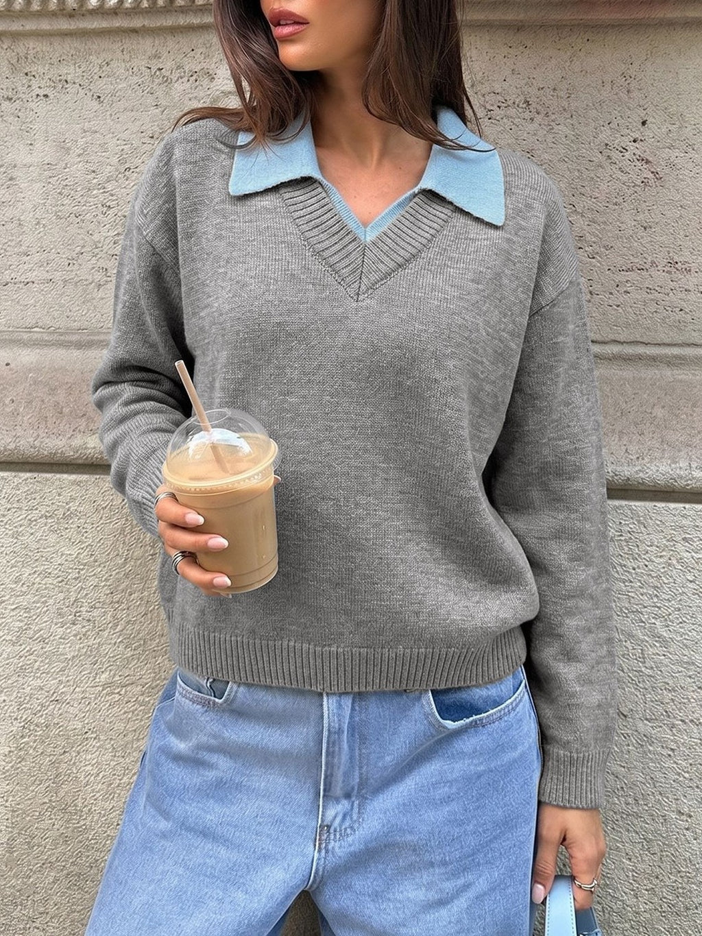 Layered Look Knit Sweater With Contrast Collar - DarkGray