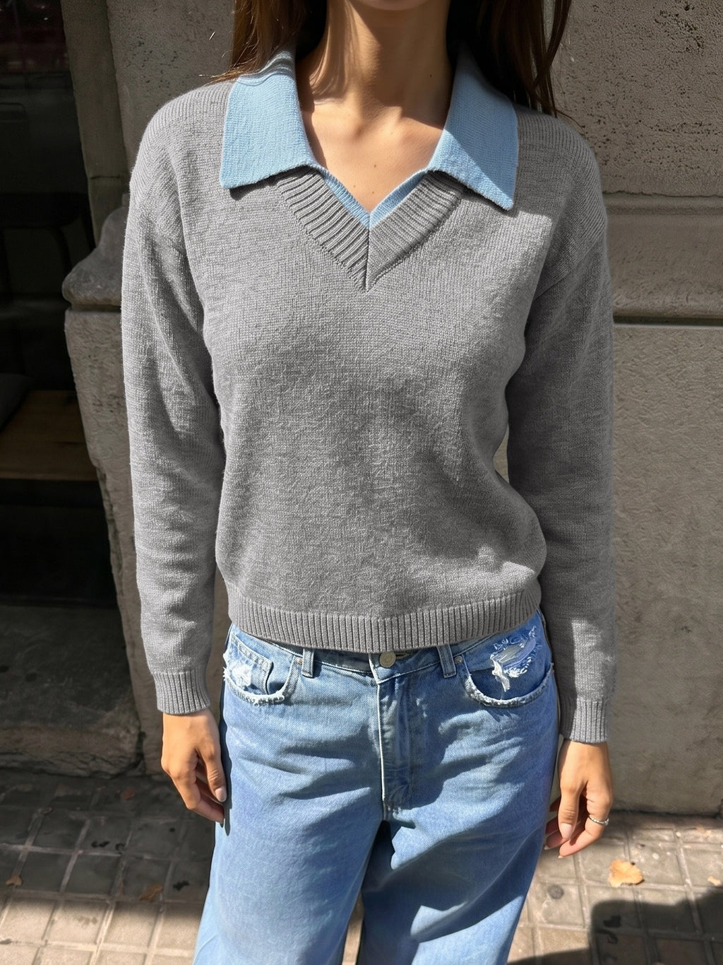 Layered Look Knit Sweater With Contrast Collar - DarkGray - 4