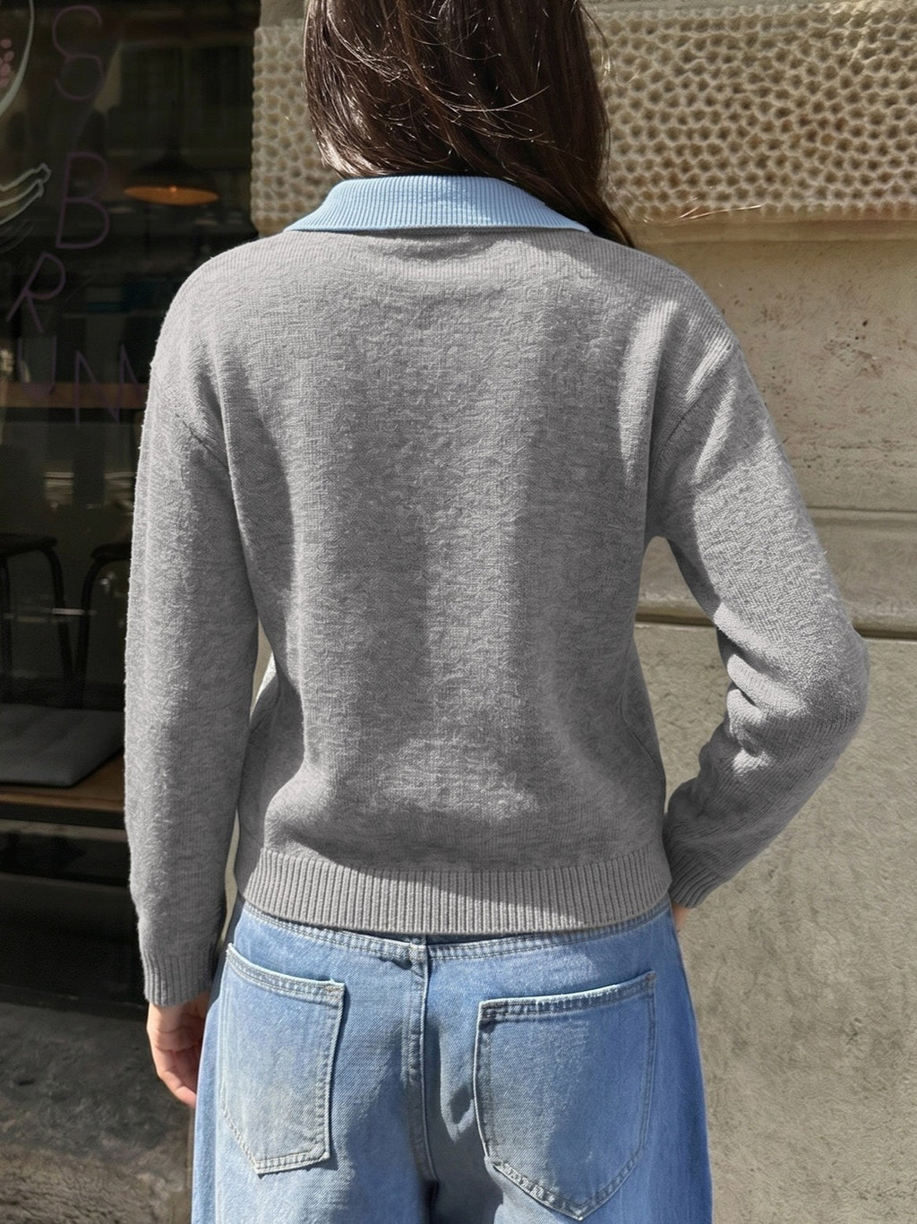 Layered Look Knit Sweater With Contrast Collar - DarkGray - 5