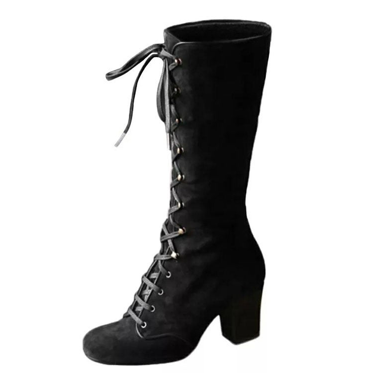 Victorian Lace Up Faux Suede Knee High Boots - Black