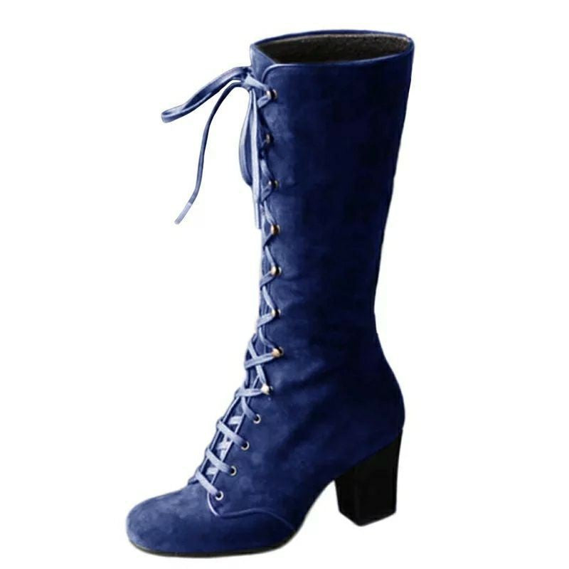 Victorian Lace Up Faux Suede Knee High Boots - Blue