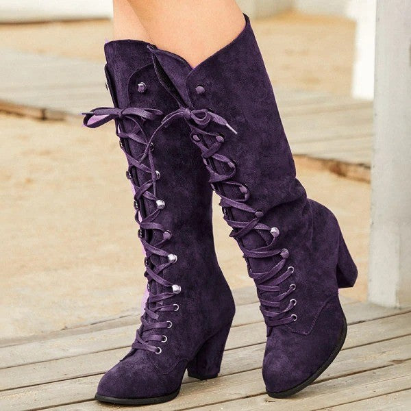 Victorian Lace Up Faux Suede Knee High Boots - Purple