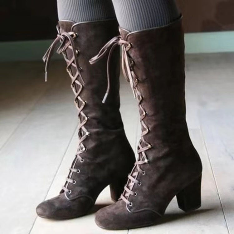 Victorian Lace Up Faux Suede Knee High Boots