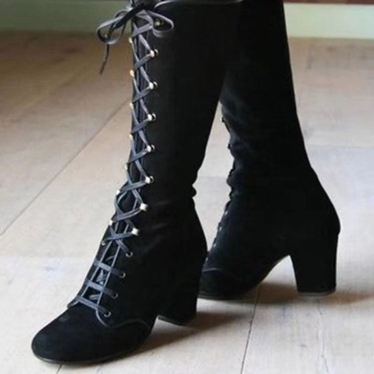 Victorian Lace Up Faux Suede Knee High Boots