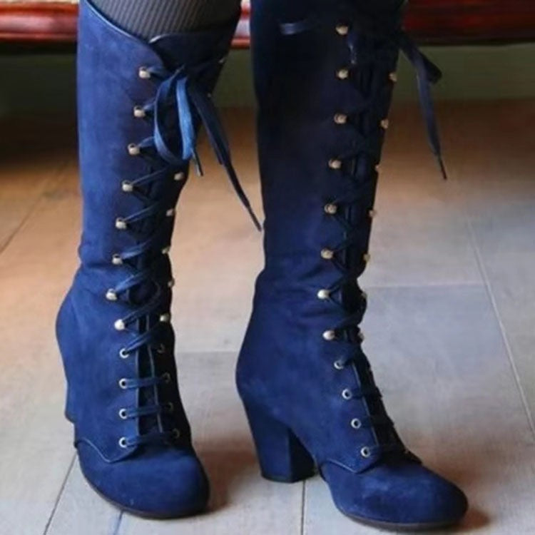 Victorian Lace Up Faux Suede Knee High Boots