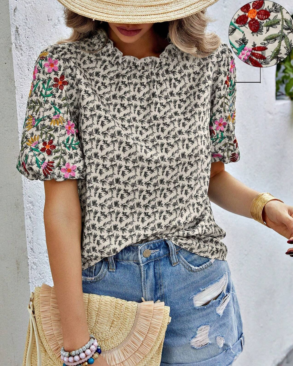 Ditsy Floral Blouse With Puff Sleeves - Black