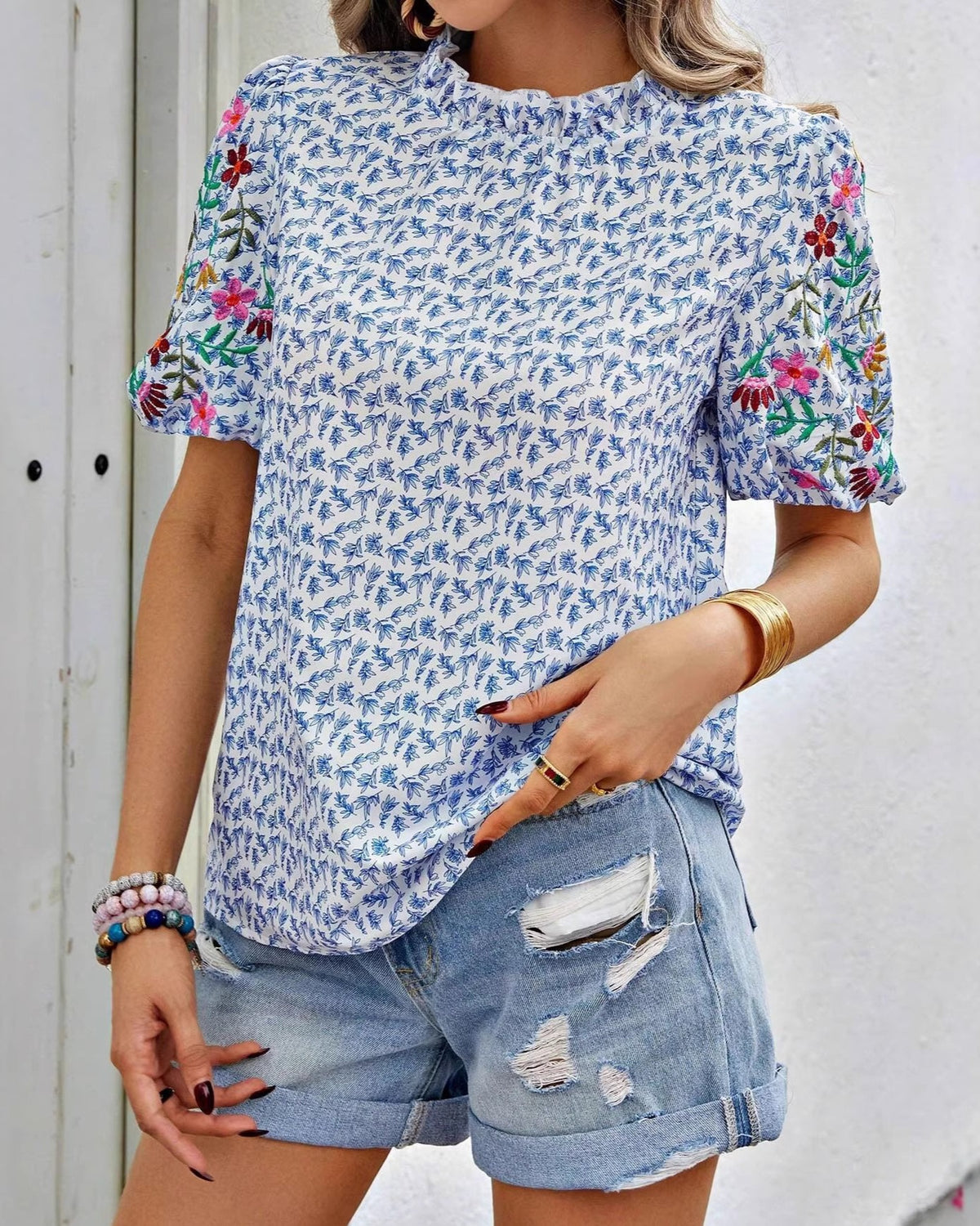 Ditsy Floral Blouse With Puff Sleeves - Blue - 1