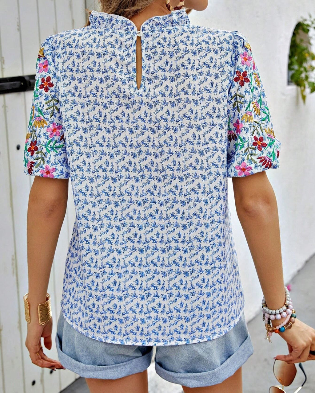 Ditsy Floral Blouse With Puff Sleeves - Blue - 2