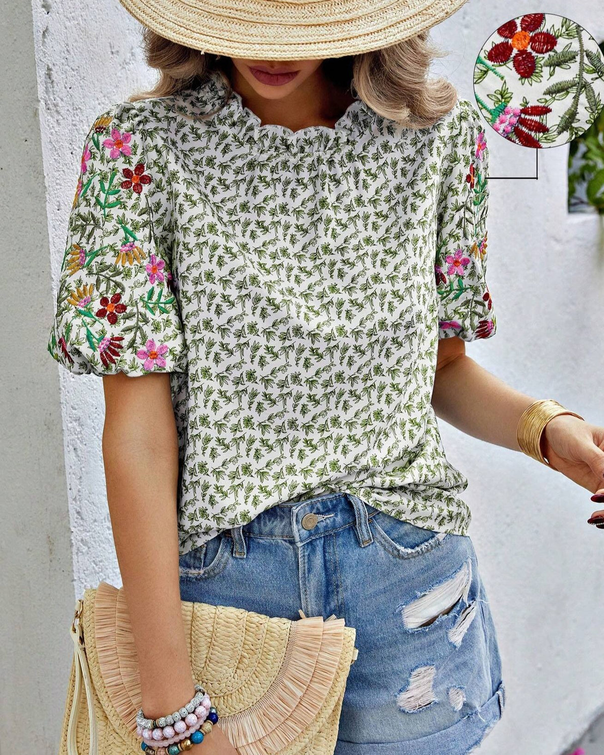 Ditsy Floral Blouse With Puff Sleeves - Green