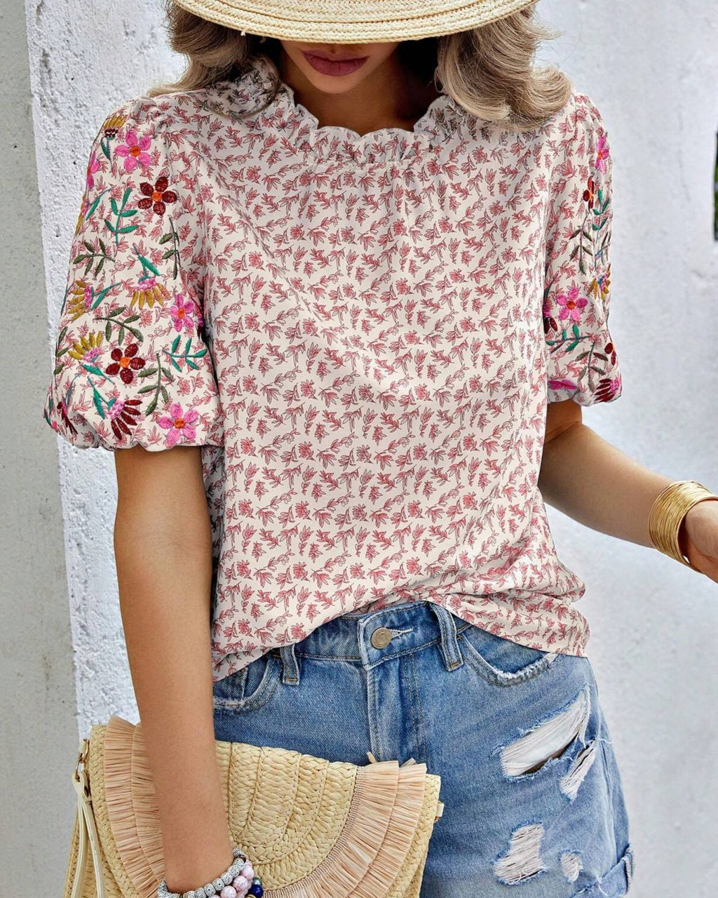 Ditsy Floral Blouse With Puff Sleeves - Pink