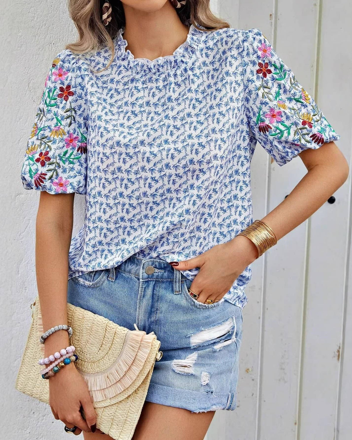 Ditsy Floral Blouse With Puff Sleeves