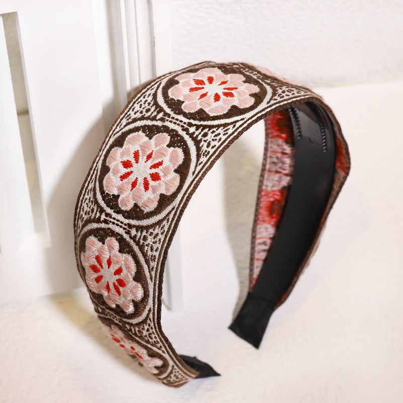 Embroidered Floral Wide Knot Headband - Coffee