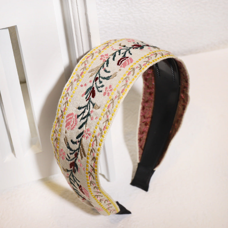 Embroidered Floral Wide Knot Headband - beige01