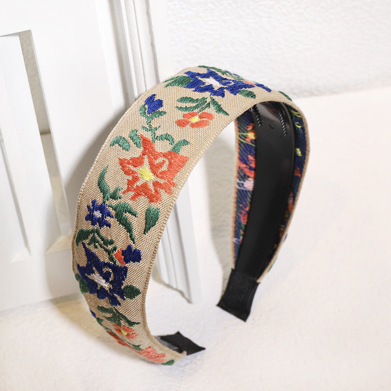 Embroidered Floral Wide Knot Headband - beige02
