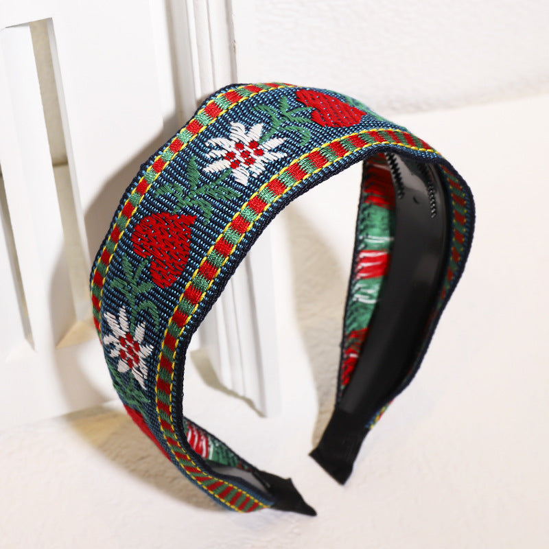 Embroidered Floral Wide Knot Headband - blue